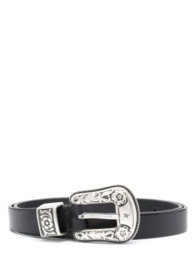 Golden Goose Hip Lace Leather Belt In Washed Calfskin, 2 Cm Width In Black
