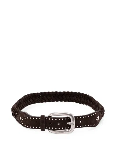 Golden Goose Houston Belt In Woven Mahogany Suede With Silver Micro-studs In Brown