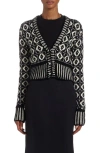 Golden Goose Imitation Pearl Geo Nordic Jacquard Crop Wool Cardigan In Antique White/black