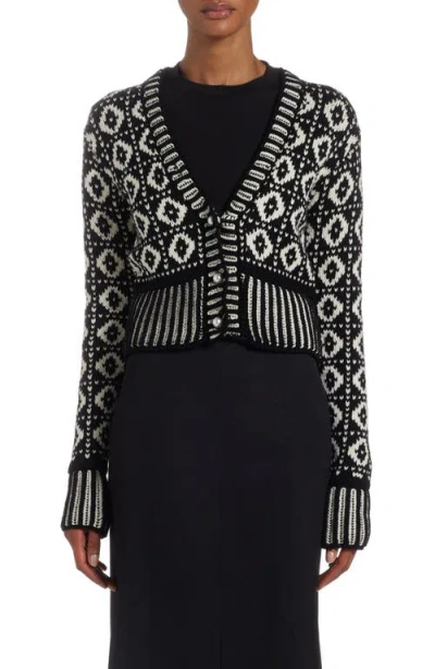Golden Goose Imitation Pearl Geo Nordic Jacquard Crop Wool Cardigan In Antique White/black
