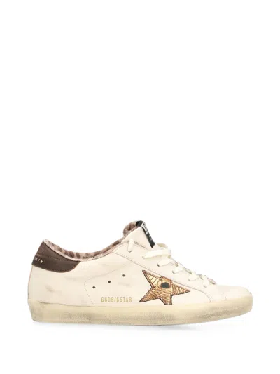 Golden Goose Inspired Leather Sneaker With Vintage Treatment, Leopard Terry Lining & Star Detail In Bianco