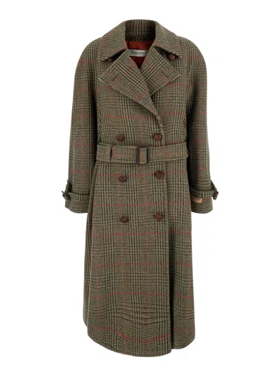 Golden Goose Inspired Wool Double-breasted Jacket With Belt And Prince Of Wales Motif In Brown