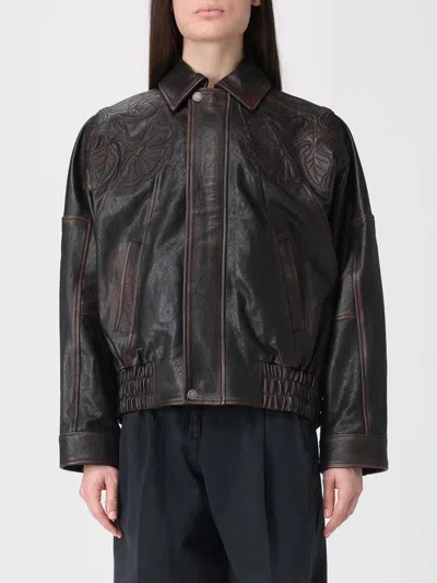 Golden Goose Journey Floral Embroidered Oversize Leather Bomber Jacket In Brown