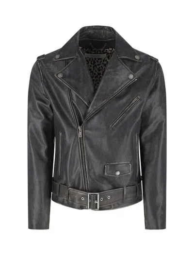 Golden Goose Black Biker Jacket With Notched Revers And Leopard Lining