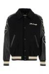 Golden Goose Bomber Compact Cloth Wool Blend Leather Sleeves College Patches Clothing In Black