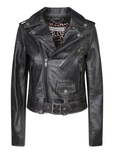 Golden Goose Biker Leather Jacket With Zip Closure In Black