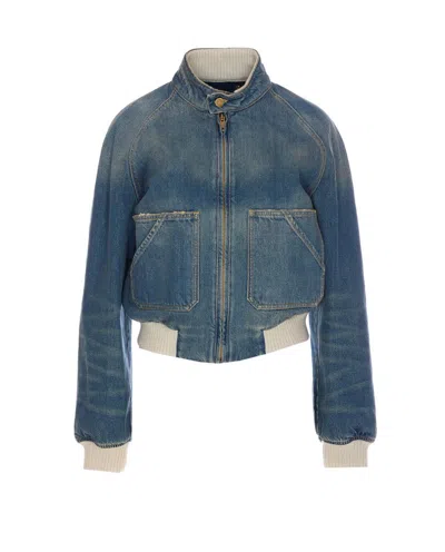 Golden Goose Ianira Denim Jacket With Knitted Ribbed Profiles In Blue