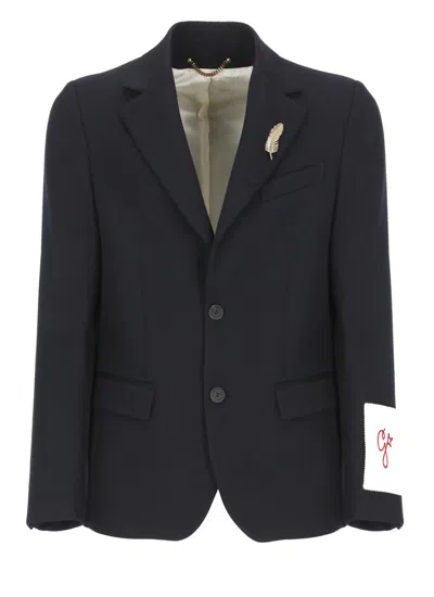 Golden Goose Wool Blend Peak Lapel Blazer With Stars In Black