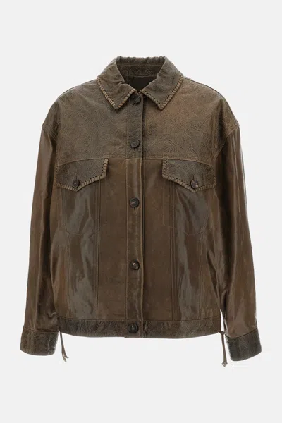 Golden Goose Babete Leather Jacket With Embossed Details In Brown