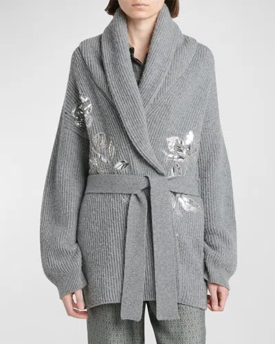 Golden Goose Journey Belted Floral Embroidered Cardigan In Grey Melange