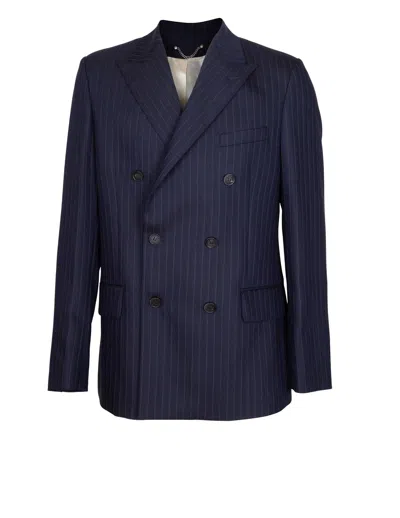 GOLDEN GOOSE GOLDEN GOOSE JOURNEY DOUBLE-BREASTED PINSTRIPED WOOL JACKET, BLUE