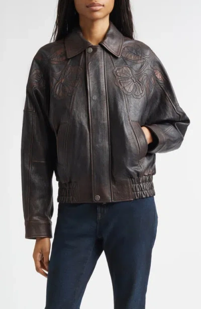 Golden Goose Journey Floral Embroidered Oversize Leather Bomber Jacket In Brown