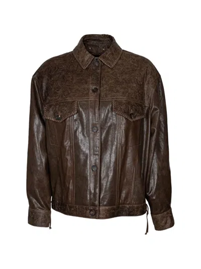 Golden Goose Journey Floral-embroidery Leather Jacket In Brown