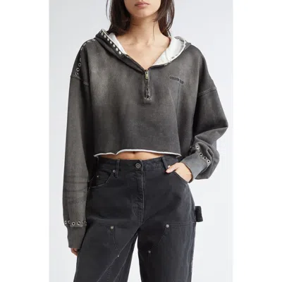 Golden Goose Journey Grommet Crop Half Zip Cotton Hoodie In Dark Anthracite