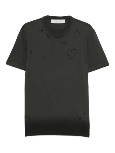 GOLDEN GOOSE T-SHIRT IN ANTHRACITE COTTON JERSEY WITH PERFORATED HEART
