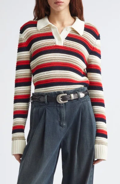 Golden Goose -style Cropped Cotton Knit Polo Shirt With Striped Pattern In Multi