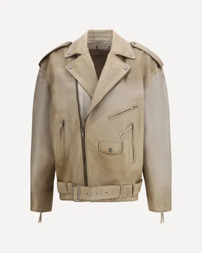 Golden Goose Leather Biker Jacket With Buckled Belt And Shoulder Pads In Brown