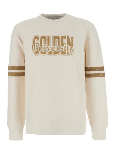GOLDEN GOOSE WHITE CREWNECK SWEATSHIRT WITH LOGO LETTERING ON THE FRONT IN COTTON MAN