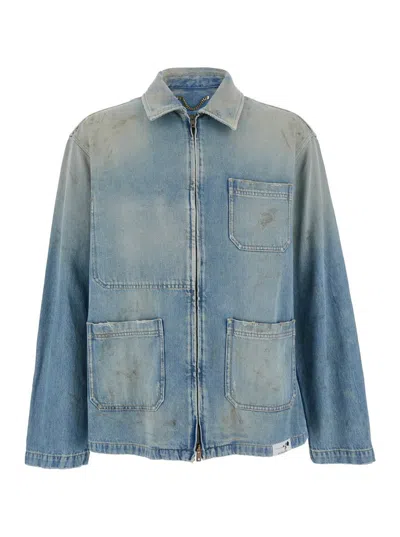 GOLDEN GOOSE LIGHT BLUE JACKET WITH CLASSIC COLLAR AND LOGO PATCH ON THE REAR IN DENIM MAN