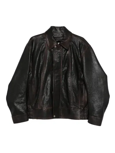 Golden Goose Men Brown Jacket With Classic Collar And Distressed Effect In Leather Man In Black