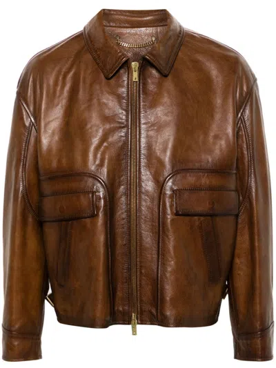 Golden Goose Zip-up Leather Jacket In Brown