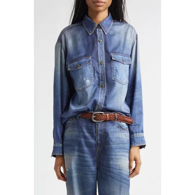 Golden Goose Oversized Patty Shirt With Classic Collar And Pocket Detail In Blue