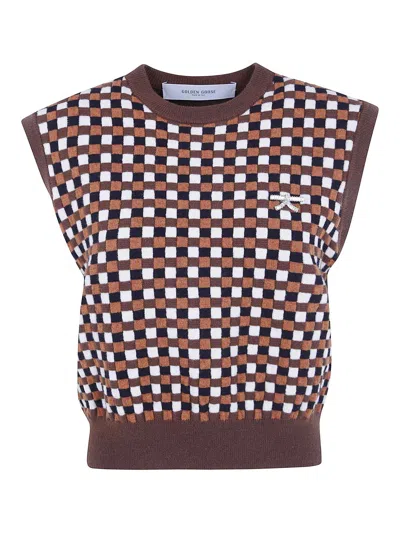 Golden Goose Journey Roby Woman`s Knit Vest Wool Chess 3d In Brown