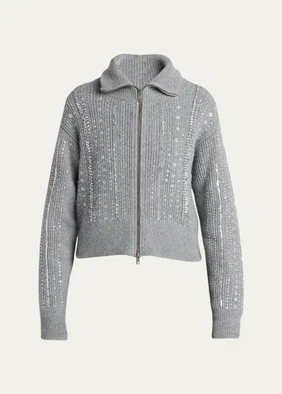 Golden Goose Journey Sequined Full Zip Sweater In Grey Melange
