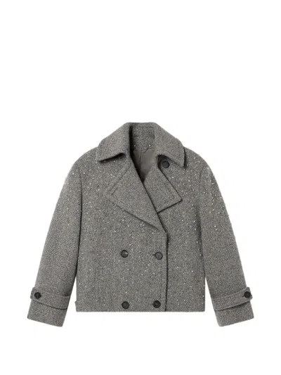 Golden Goose Journey Short Trench Coat Regina Embellished Salt And Pepper Virgin Wool In Gray