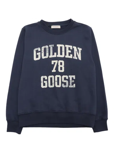 Golden Goose Kids' Journey/ Unisex Crewneck Regular Sweatshirt/ Blend Cotton Fleece With Vintage Effect Print In Blue