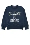 Golden Goose Blue Crewneck Sweatshirt With Maxi Vintage Logo Lettering Print On The Front In Cotton Blend Boy In Totaleclipse