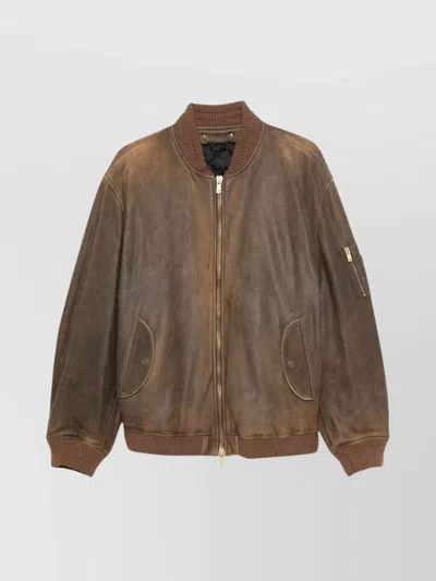 Golden Goose Brown Jacket With Sleeve Pocket And Distressed Effects In Leather Woman In Multi