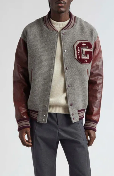 Golden Goose Journey Varsity Bomber Jacket In Melange Grey/ Vineyard Wine