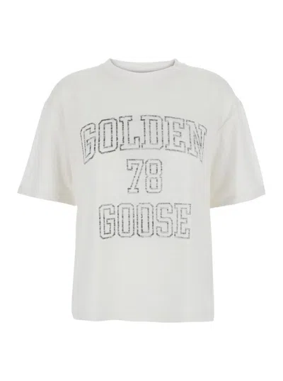 GOLDEN GOOSE 'JOURNEY' WHITE CREWNECK T-SHIRT WITH MAXI LOGO PRINT ON THE FRONT IN LINEN WOMAN