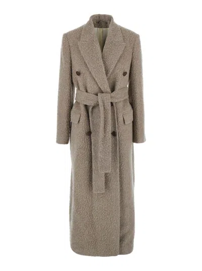 GOLDEN GOOSE BEIGE DOUBLE-BREASTED COAT WITH CLASSIC LAPELS AND BELT IN WOOL AND MOHAIR BLEND WOMAN