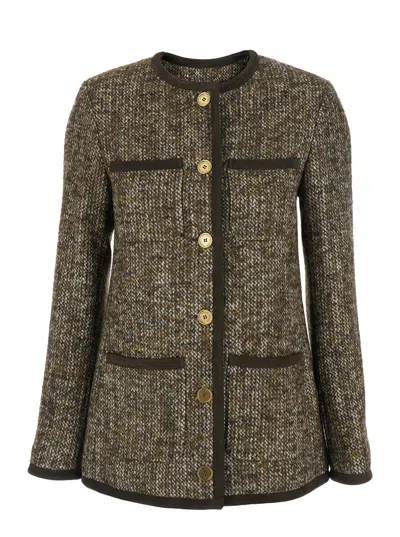 GOLDEN GOOSE BROWN CREW NECK JACKET WITH FRONT PATCH POCKETS IN WOOL BLEND WOMAN
