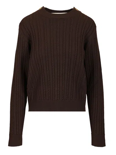 GOLDEN GOOSE JOURNEY W'S OFRA REGULAR KNIT CREWNECK SHOULDER BOTTON WOOL CABLE KNITWEAR BROWN
