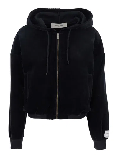 GOLDEN GOOSE BLACK SWEATSHIRT WITH FIXED HOOD AND LOGO PATCH ON THE SLEEVE IN COTTON BLEND WOMAN