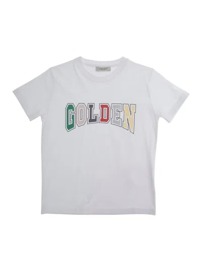 Golden Goose Kids' Journey White Crewneck T-shirt With Maxi Logo Lettering On The Front In Cotton Boy