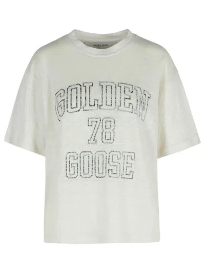Golden Goose 'journey' White Crewneck T-shirt With Maxi Logo Print On The Front In Linen Woman