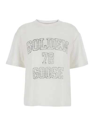 GOLDEN GOOSE GOLDEN GOOSE 'JOURNEY' WHITE CREWNECK T-SHIRT WITH MAXI LOGO PRINT ON THE FRONT IN LINEN WOMAN
