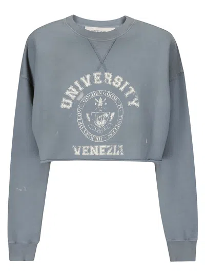 Golden Goose Cropped Sweatshirt In Baby Blue With Distressed Finish