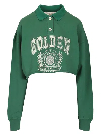 Golden Goose Journey Ws Cropped Sweatshirt Polo Neck Organic Cotton Fleece With Print In Green