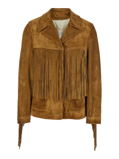Golden Goose Journey Ws Jacket With Fringes In Waxed Calf Leather In Brown