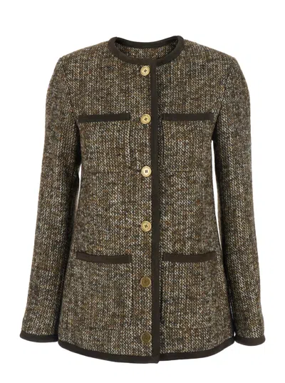 GOLDEN GOOSE BROWN CREW NECK JACKET WITH FRONT PATCH POCKETS IN WOOL BLEND WOMAN