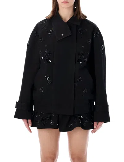 Golden Goose Oversized Cotton Twill Jacket With Floral Embroidery In Black