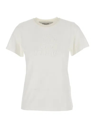 Golden Goose Journey Ws Slim Long T-shirt Burned Out Jersey Knitted Rib With Floc Print In Neutral