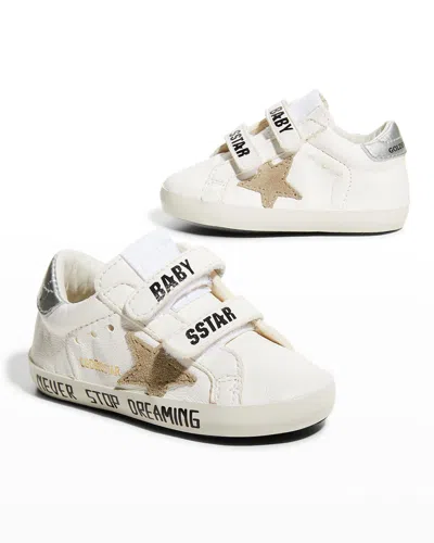 Golden Goose Kid's Logo Typographic-sole Low-top Sneakers In White/taupe/silvr