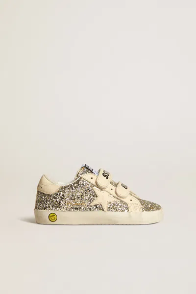 Golden Goose Kids Kids Glitter Upper Velcro Sneakers With Leather Star And Smiley Detail In Argento