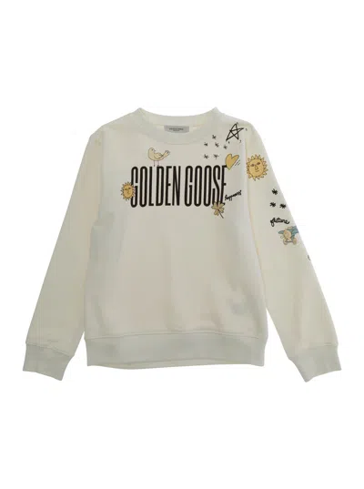 Golden Goose Kids Mini Baby Boy Cotton Sweatshirt With Doodle Prints And Front Logo In Neutral